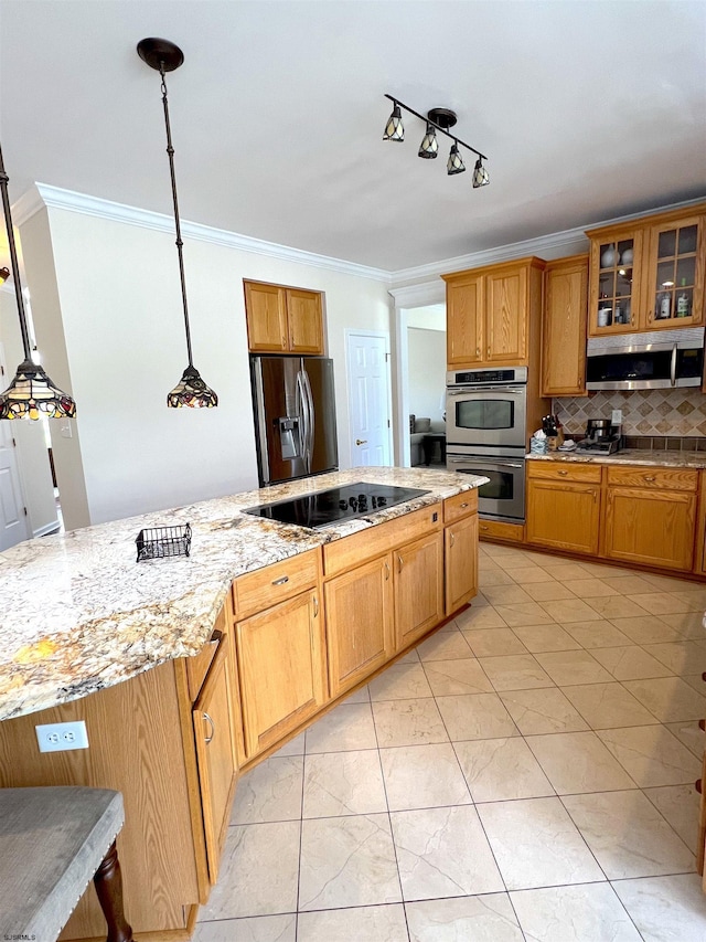 11 Gallant Fox Ln, Egg Harbor Township, NJ 08234 - kitchen with stainless steel appliances, ornamental molding, backsplash, glass insert cabinets, and light stone counters