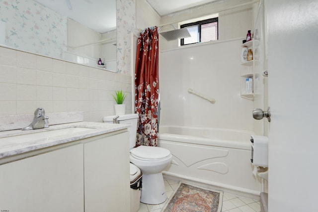 15 N Marion Ave, Ventnor, NJ 08406 - full bathroom with toilet, shower / tub combo with curtain, tile patterned floors, tile walls, and vanity
