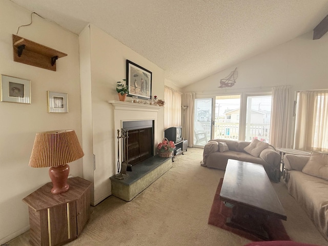4102 W Ave Unit 2, Ocean City, NJ 08226 - living area featuring light carpet, vaulted ceiling, a textured ceiling, and a fireplace with raised hearth