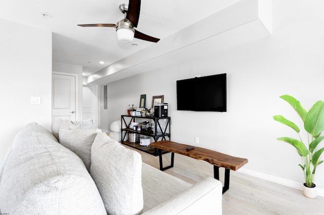 9315 Ventnor Ave, Margate, NJ 08402 - living room featuring wood finished floors, a ceiling fan, baseboards, and recessed lighting