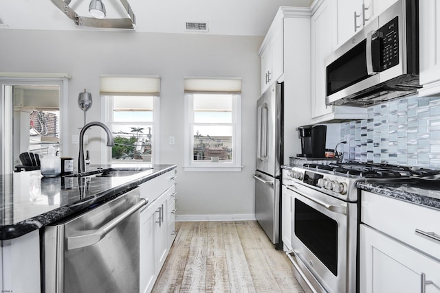 9315 Ventnor Ave, Margate, NJ 08402 - kitchen featuring stainless steel appliances, a sink, dark stone counters, white cabinetry, and decorative backsplash