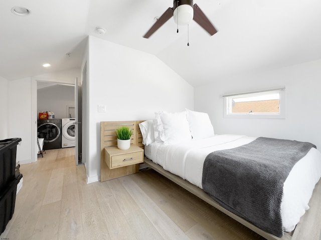 9315 Ventnor Ave, Margate, NJ 08402 - bedroom with washer and dryer, vaulted ceiling, light wood-style floors, ceiling fan, and recessed lighting