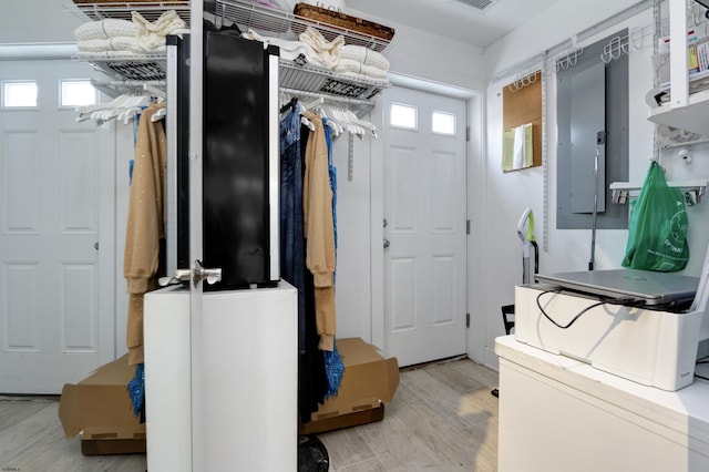 9315 Ventnor Ave, Margate, NJ 08402 - laundry room with wood finished floors, electric panel, and plenty of natural light