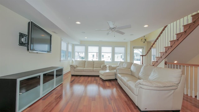 13 S Vendome Ave, Margate, NJ 08402 - living room featuring a ceiling fan, wood finished floors, recessed lighting, stairs, and baseboards