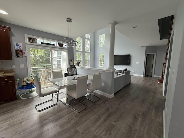 127 Rockport, Egg Harbor Township, NJ 08234 - dining area featuring decorative columns, plenty of natural light, dark wood-type flooring, baseboards, and recessed lighting