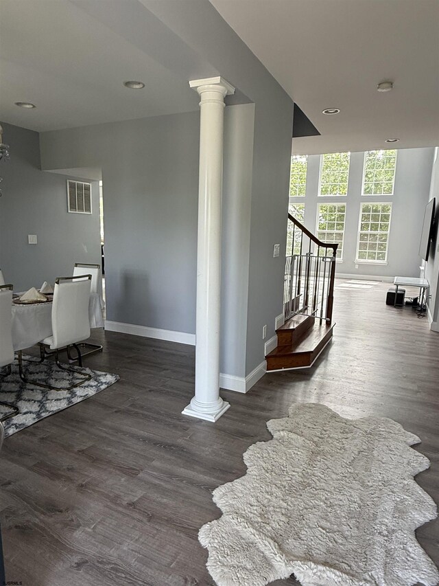 127 Rockport, Egg Harbor Township, NJ 08234 - stairs featuring decorative columns, baseboards, wood finished floors, and recessed lighting