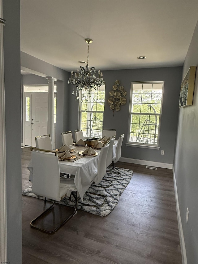 127 Rockport, Egg Harbor Township, NJ 08234 - dining area with dark wood-style flooring, baseboards, a chandelier, ornate columns, and recessed lighting