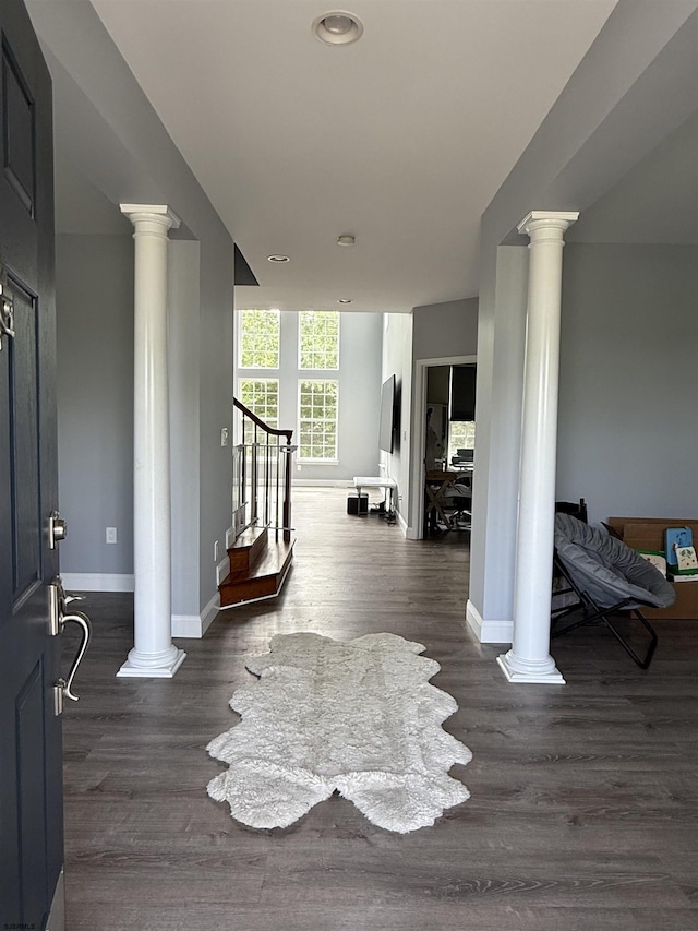 127 Rockport, Egg Harbor Township, NJ 08234 - entrance foyer featuring ornate columns, baseboards, wood finished floors, stairway, and recessed lighting