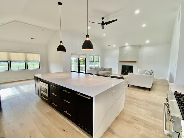 116 Bayshore Ave, Brigantine, NJ 08203 - kitchen with dark cabinetry, stainless steel appliances, ceiling fan, light wood-style floors, and a glass covered fireplace