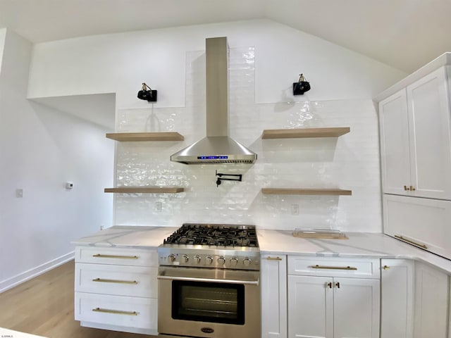 116 Bayshore Ave, Brigantine, NJ 08203 - kitchen featuring high end range, open shelves, wall chimney exhaust hood, backsplash, and vaulted ceiling