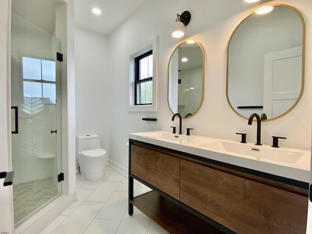 116 Bayshore Ave, Brigantine, NJ 08203 - bathroom featuring double vanity, a stall shower, toilet, baseboards, and tile patterned flooring