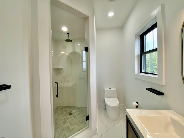 116 Bayshore Ave, Brigantine, NJ 08203 - bathroom featuring vanity, toilet, a shower stall, and tile patterned flooring
