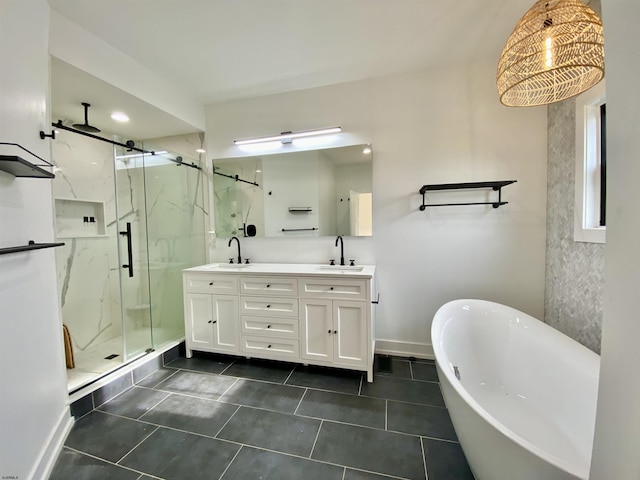 116 Bayshore Ave, Brigantine, NJ 08203 - full bathroom featuring a marble finish shower, double vanity, a soaking tub, and tile patterned flooring