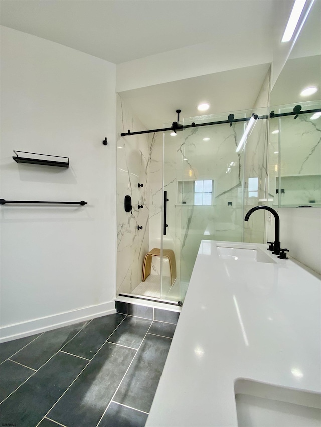 116 Bayshore Ave, Brigantine, NJ 08203 - bathroom with a sink, a marble finish shower, and baseboards
