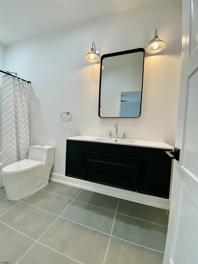 116 Bayshore Ave, Brigantine, NJ 08203 - bathroom with tile patterned flooring, vanity, curtained shower, toilet, and baseboards