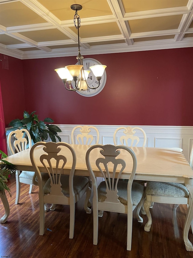 dining room with a chandelier, coffered ceiling, wainscoting, wood finished floors, and crown molding