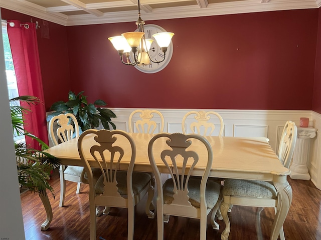 dining area featuring a chandelier, coffered ceiling, crown molding, wainscoting, and wood finished floors