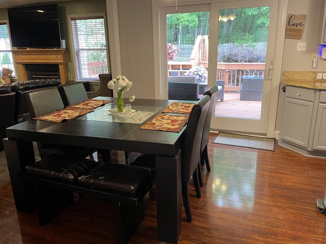 dining room with wood finished floors and a fireplace