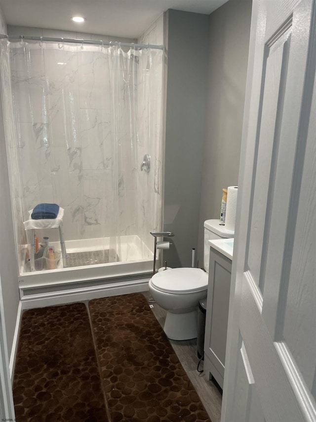 full bathroom with curtained shower, toilet, and vanity