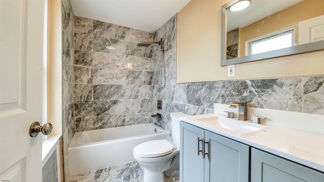 25 N Aberdeen Pl, Atlantic City, NJ 08401 - bathroom with toilet, vanity, tile walls,  shower combination, and marble finish floors