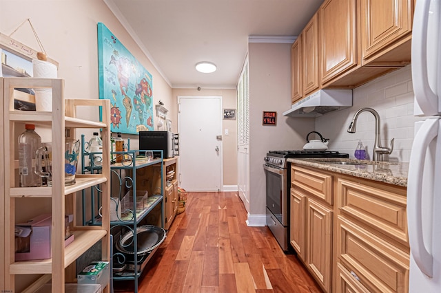 101 S Plaza Pl Unit 714, Lower Chelsea, NJ 08401 - kitchen featuring under cabinet range hood, ornamental molding, backsplash, light wood-style floors, and freestanding refrigerator
