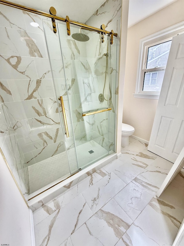 25 Wilson, Northfield, NJ 08225 - bathroom featuring toilet, a marble finish shower, marble finish floors, and baseboards