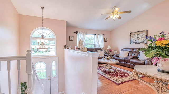 921 Navajo Ave, Absecon, NJ 08201 - entrance foyer featuring a chandelier, wood finished floors, ceiling fan, and high vaulted ceiling