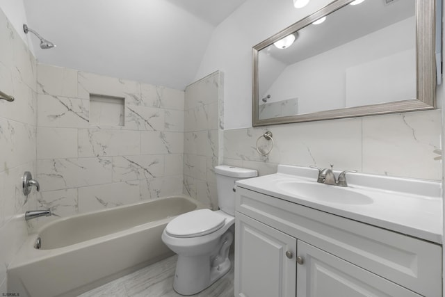 414A Upas Ave, Galloway Township, NJ 08205 - bathroom featuring tile walls, vanity, bathtub / shower combination, toilet, and vaulted ceiling