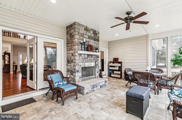 922 Central Ave, Hammonton, NJ 08037 - view of patio / terrace with a stone fireplace and a ceiling fan