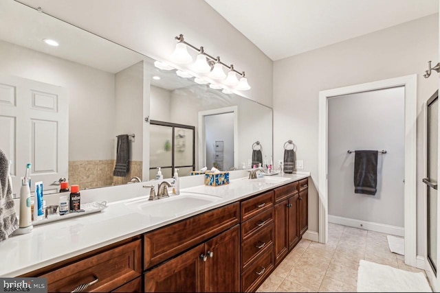 922 Central Ave, Hammonton, NJ 08037 - full bathroom featuring double vanity, a shower stall, tile patterned floors, baseboards, and recessed lighting