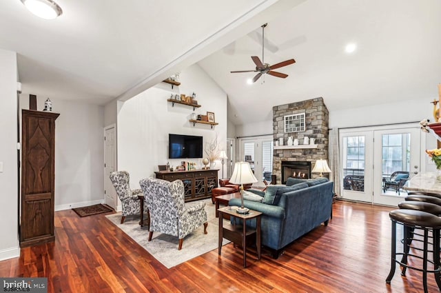 922 Central Ave, Hammonton, NJ 08037 - living area with a ceiling fan, wood finished floors, a fireplace, baseboards, and high vaulted ceiling