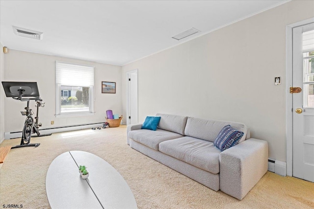 411 N Douglas Ave, Margate, NJ 08402 - carpeted living area with plenty of natural light, baseboard heating, and crown molding