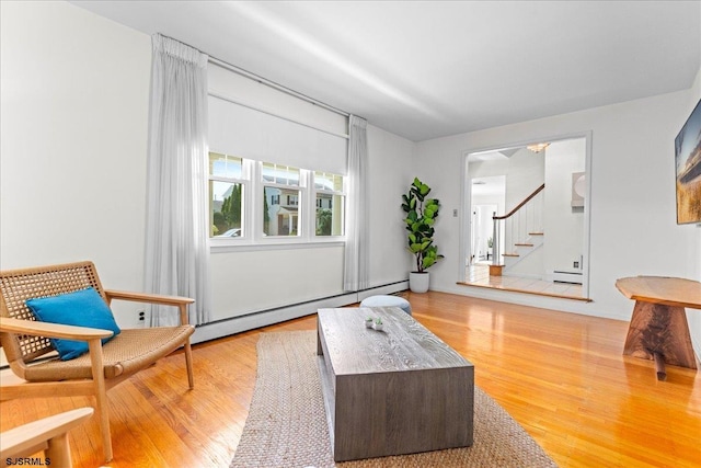 411 N Douglas Ave, Margate, NJ 08402 - living room with a baseboard heating unit, stairway, and light wood-style flooring