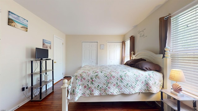 11 Cherokee Dr Unit 206, Galloway Township, NJ 08205 - bedroom featuring dark wood-type flooring, two closets, and baseboards