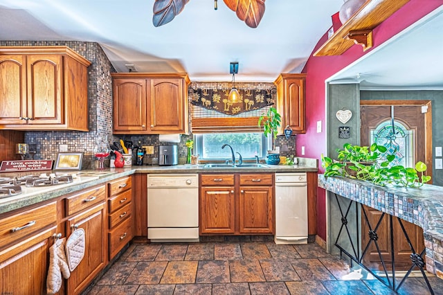 6 Holly Dr, Northfield, NJ 08225 - kitchen featuring white appliances, backsplash, dark stone finish flooring, ceiling fan, and a sink