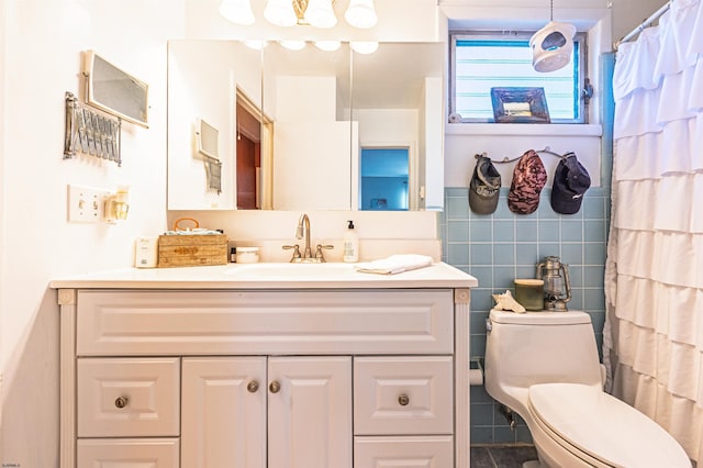 6 Holly Dr, Northfield, NJ 08225 - bathroom featuring vanity, toilet, tile walls, and a shower with shower curtain