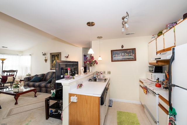 32 Malibu Way Unit 32, Galloway Township, NJ 08205 - kitchen with under cabinet range hood, white appliances, a peninsula, light countertops, and a sink