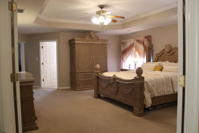 1599 Cherokee Ln, Vineland, NJ 08361 - bedroom with light carpet, a raised ceiling, crown molding, ceiling fan, and baseboards