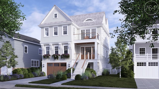 15 Waterway Rd, Ocean City, NJ 08226 - shingle-style home with a balcony, driveway, stairs, an attached garage, and a front yard