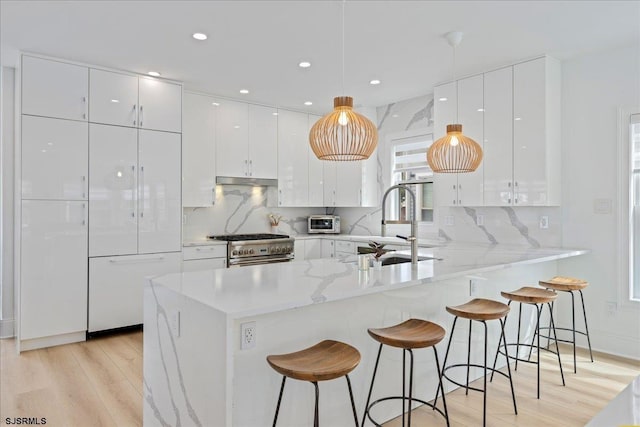 1A N Douglas Ave, Margate, NJ 08402 - kitchen featuring high end stove, light wood-style flooring, modern cabinets, white cabinetry, and a sink