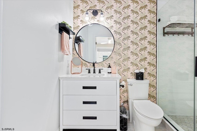 1A N Douglas Ave, Margate, NJ 08402 - bathroom with vanity, toilet, wallpapered walls, and a shower stall