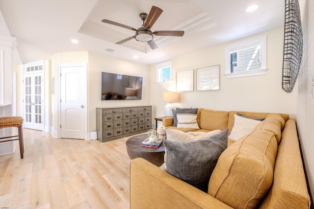 25 S Union Ave, Margate, NJ 08402 - living area with a tray ceiling, a ceiling fan, light wood-style flooring, recessed lighting, and crown molding