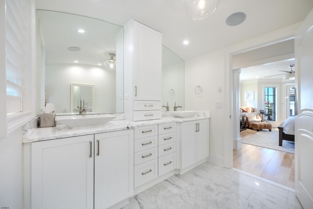 25 S Union Ave, Margate, NJ 08402 - full bath featuring double vanity, ensuite bath, ceiling fan, marble look tiles, and recessed lighting