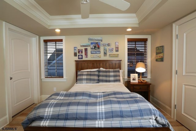 25 S Union Ave, Margate, NJ 08402 - bedroom featuring ornamental molding, a raised ceiling, recessed lighting, baseboards, and ceiling fan