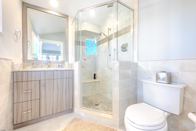 25 S Union Ave, Margate, NJ 08402 - full bathroom featuring toilet, tile walls, vanity, a stall shower, and wainscoting
