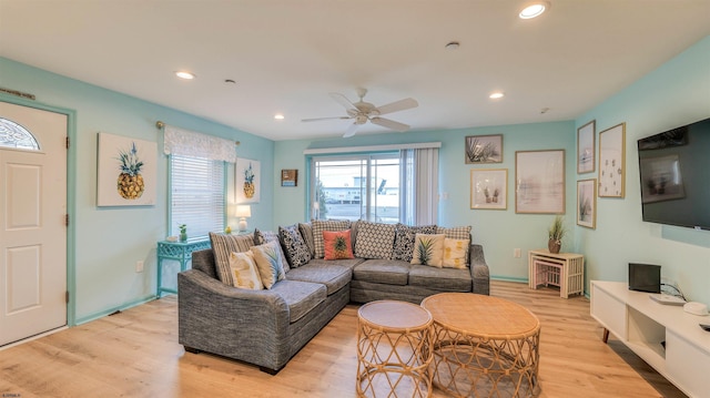 1312 Ocean Ave Unit 1, Ocean City, NJ 08226 - living room featuring light wood-style floors, a ceiling fan, and recessed lighting