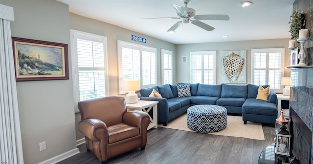 2608 Oberon Ave, Longport, NJ 08403 - living area featuring a fireplace, healthy amount of natural light, dark wood-type flooring, ceiling fan, and recessed lighting