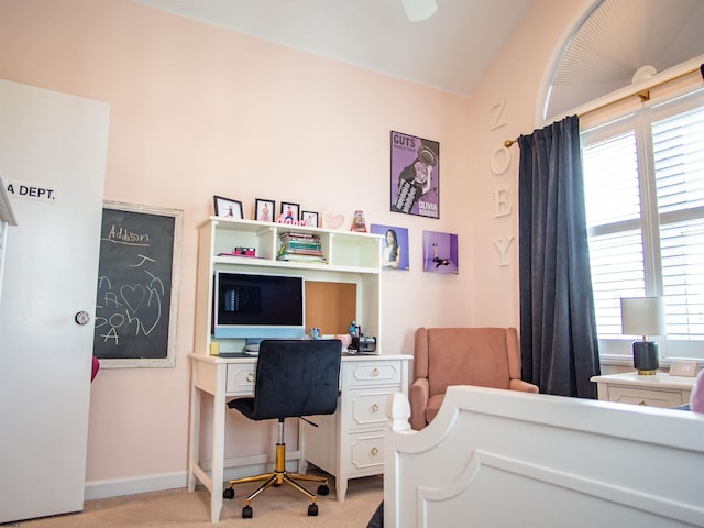 2608 Oberon Ave, Longport, NJ 08403 - bedroom with light carpet, lofted ceiling, a desk, and baseboards