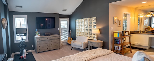 2608 Oberon Ave, Longport, NJ 08403 - bedroom with vaulted ceiling, a chandelier, a sink, baseboards, and carpet flooring