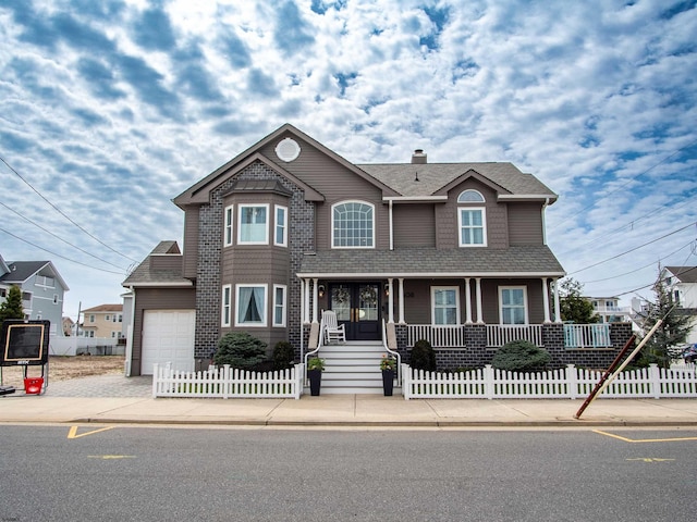 2608 Oberon Ave, Longport, NJ 08403 - view of front of house with covered porch, a fenced front yard, an attached garage, and a chimney